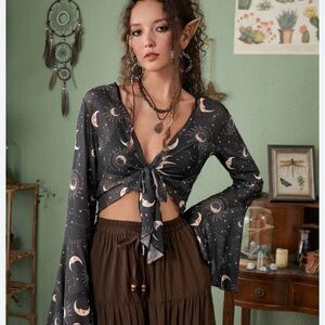 ROMWE Hippie galaxy front tie woman bohemian witchy sheer fairy top one size